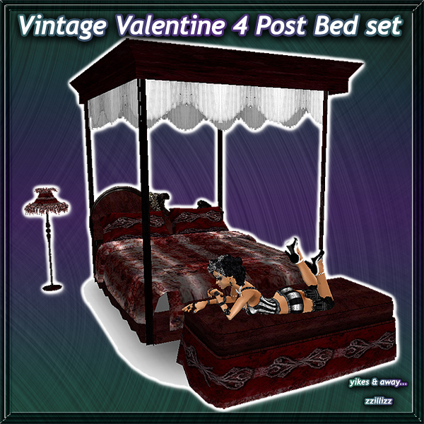 Perfect to use for Holiday Valentines Day Romantic Scene, vampire or goth rooms, or anything you like! Vintage print & striped Antique 4 post Bed in Dark Cherry wood with burgundy, gray & pink silk bedding, side lamp, & foot bench includes 6 poses!