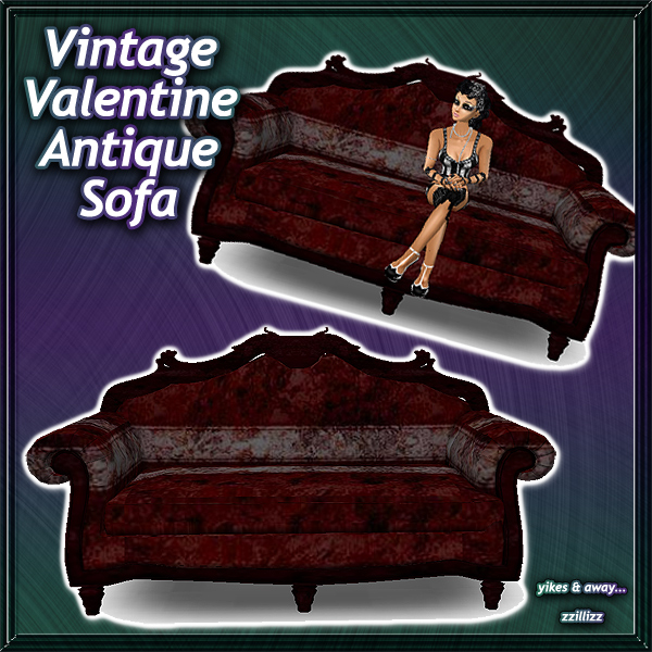 Perfect to use for Holiday Group Valentines Day party, Romantic Scene, vampire or goth rooms, or anything you like! Vintage print & striped Antique Sofa seating in burgundy, gray & pink with three seat poses!
