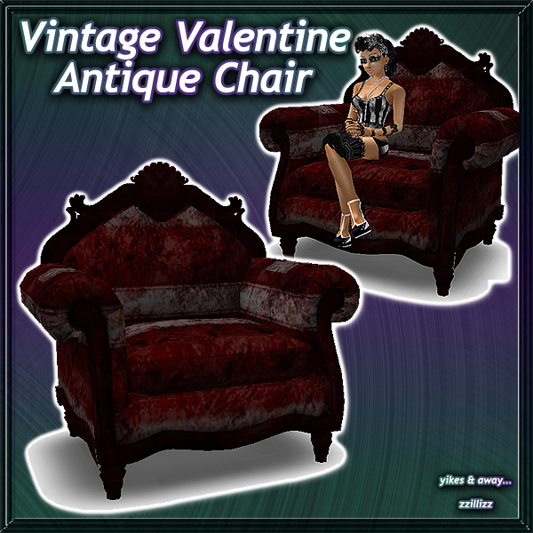 Perfect to use for Holiday Group Valentines Day party, Romantic Scene, vampire or goth rooms, or anything you like! Vintage print & striped Antique Chair seat in burgundy, gray & pink with a single seat pose!