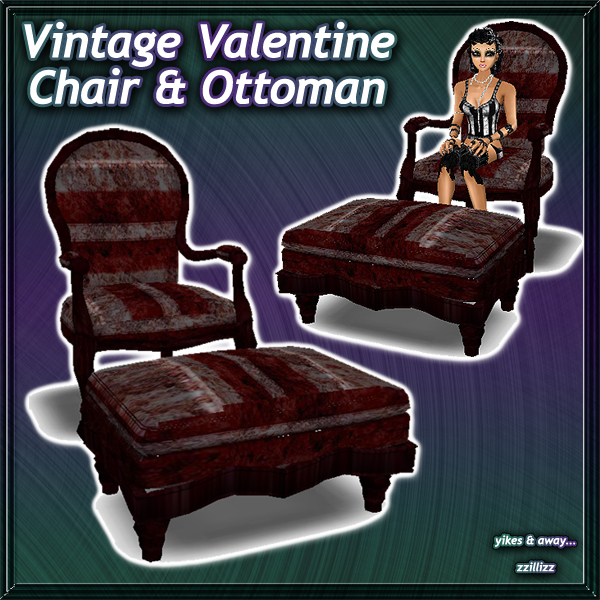 Perfect to use for Holiday Group Valentines Day party, Romantic Scene, vampire or goth rooms, or anything you like! Vintage print & striped Antique Chair seat & matching Ottoman in burgundy, gray & pink with a single seat pose!