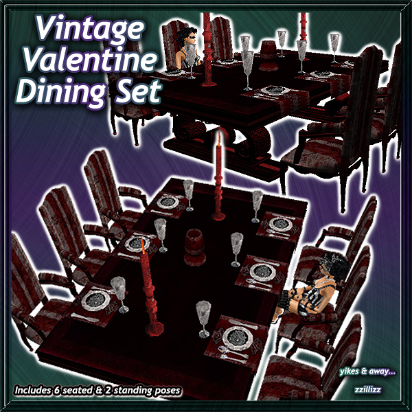 Includes 6 seated poses & 2 standing poses. Perfect to use for Holiday Group Valentines Day party, Romantic Scene, vampire or goth rooms, or anything you like!Decor includes Vintage print & striped fabric in burgundy, gray & pink; crystal goblets & china dishes; cherry wood candles with animated flames & more!