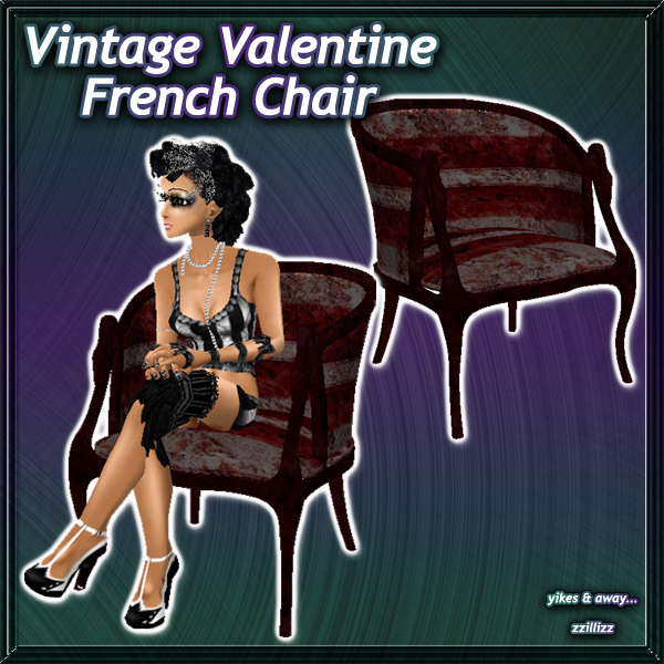 Perfect to use for Holiday Group Valentines Day party, Romantic Scene, vampire or goth rooms, or anything you like! Vintage print & striped French Chair seat in burgundy, gray & pink with a single seat pose!
