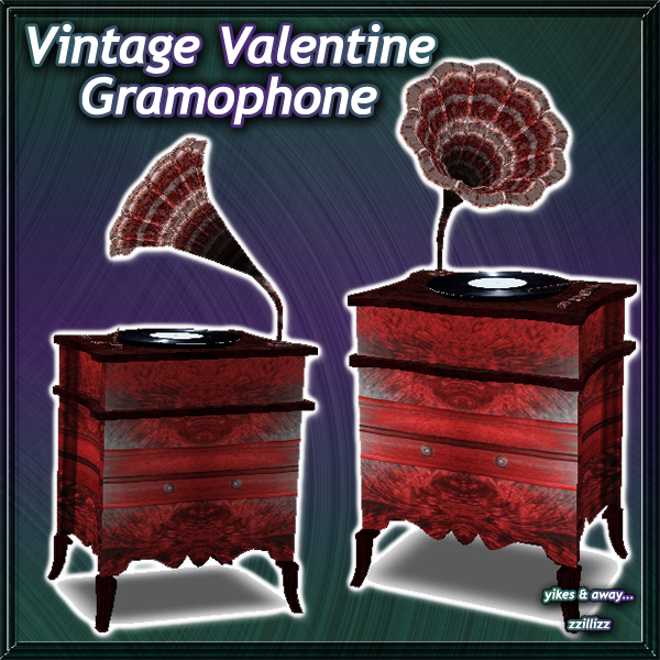 Perfect to use for Holiday Group Valentines Day party, Romantic Scene, vampire or goth rooms, or anything you like! Vintage print & striped Antique Gramophone in Cherry wood with burgundy, gray & pink speaker casing - with animated spinning record!