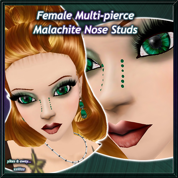 Female Multi-pierce Nose Bridge Studs in Malachite Green Shining Malachite (blended stripes of dark and light green) stones - 6 Bridge Piercings in 1 set! Perfect accessory for Modern Urban Classic Celtic Romance Fantasy Fae and Seasonal looks. Great for DOC and Photo Contest outfits!