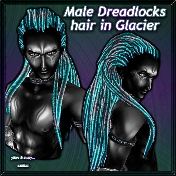 Dreadlocks Male hair in Glacier High shine irridescent blue, aquamarine, grey, silver ice mix realistic dreadlocks texture. Perfect for Merman / Underwater scenes, Winter / Frozen Ice Warrior, or other cosplay looks. Great for DOC and Photo Contest outfits!