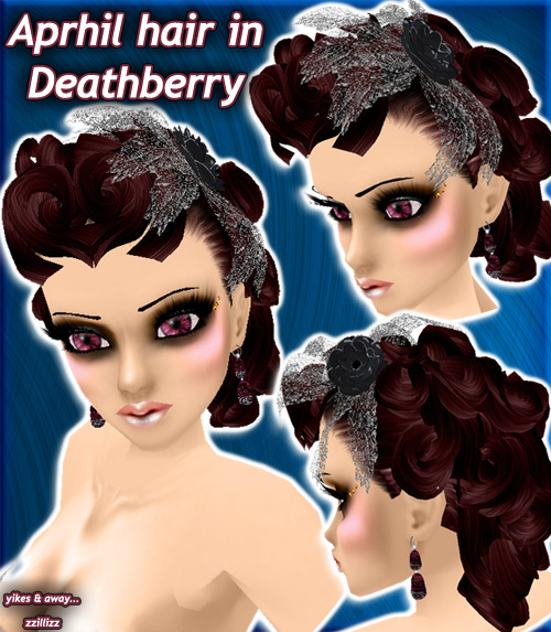 Aprhil Female Hair in deathberry Realistic high detail color blend of deep burgundy rose and black with vintage grey flower and silver lace hair accessory