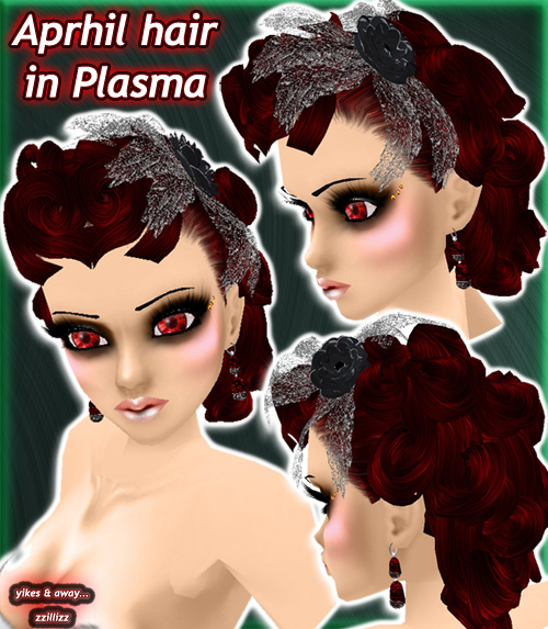 Aprhil Female Hair in Plasma Red Realistic high detail color blend of deep blood red and black with vintage grey flower and silver lace hair accessory