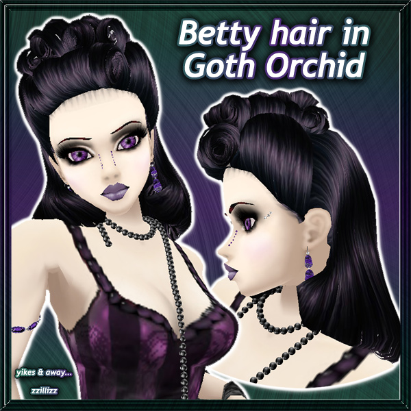 Betty female hair in Goth Orchid Black and silvery gray purple with high shine highlights color mix Perfect for Vintage Rockabilly Classic Retro Pinup Goth Vampire looks, great for DOC and Photo Contest outfits