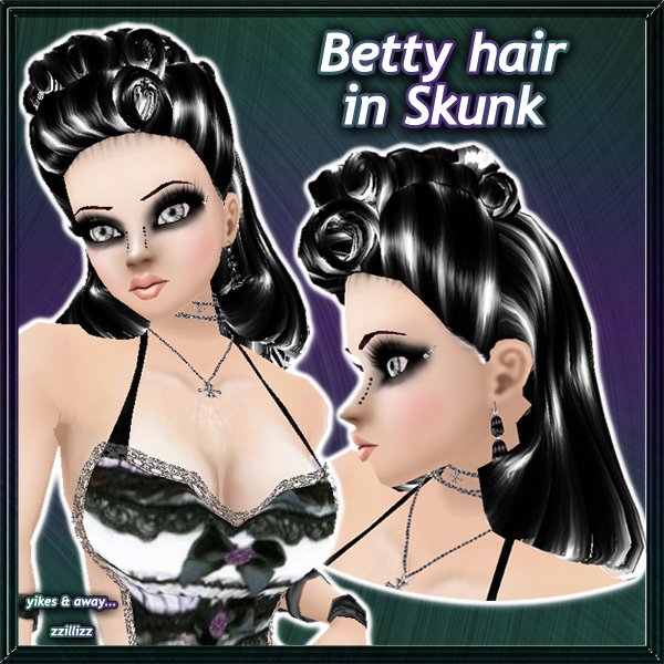 Betty female hair in Skunk Black & White Skunk Black and White color mix with high shine highlights Perfect for Vintage Rockabilly Classic Retro Pinup Noir Drow looks Great for DOC and Photo Contest outfits!