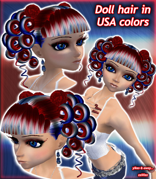 Doll Hair in USA Flag colors - Red, white and blue American Flag blend with red sparkle hair accessories.