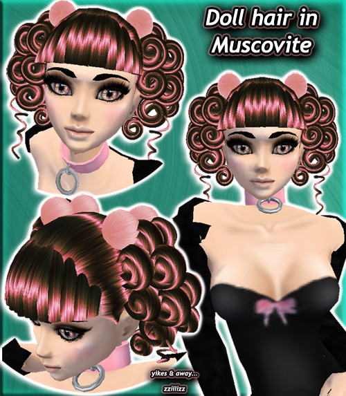 Doll Hair in Muscovite - Shiny brunette brown and Pink chrome mix hair with pink fuzzy hair accessories