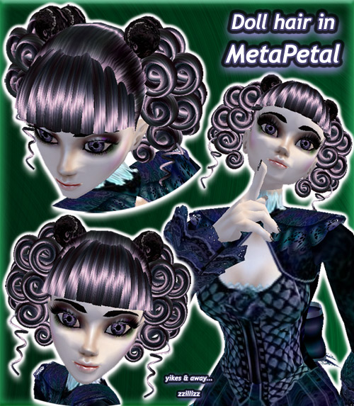 Doll Hair in MetaPetal - Dark shiny purple chrome mix hair with sparkly dark purple and silver hair accessories