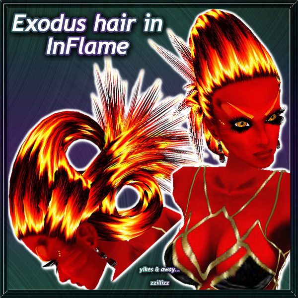 Exodus Female Hair in InFlame - color blend of bright fire Red, Orange, Yellow and Black
