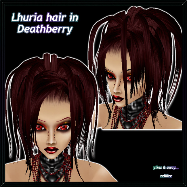 Lhuria Female hair in Burgundy Deathberry Straight updo with waterfall of hair strands female hair in Deathberry, high shine burgundy / magenta and black mix. Perfect for Vampire, Goth, Victorian, Fairy, Elven cosplay looks. Great for DOC and Photo Contest outfits