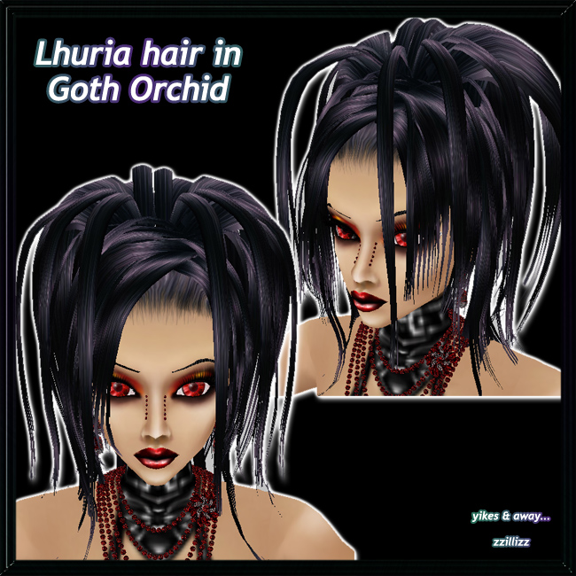 Lhuria Female hair in Goth Orchid Straight updo with waterfall of hair strands female hair in Goth Orchid, high shine deep orchid purple highlights in black mix. Perfect for Vampire, Goth, Fairy, Fantasy, cosplay looks. Great for DOC and Photo Contest outfits