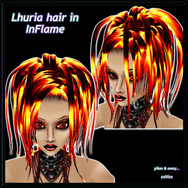 Lhuria Female hair in InFlame Straight updo with waterfall of hair strands female hair in InFlame, high shine deep ember orange, yellow, black mix. Perfect for Demon, Phoenix, Fairy, Fantasy, cosplay looks. Great for DOC and Photo Contest outfits