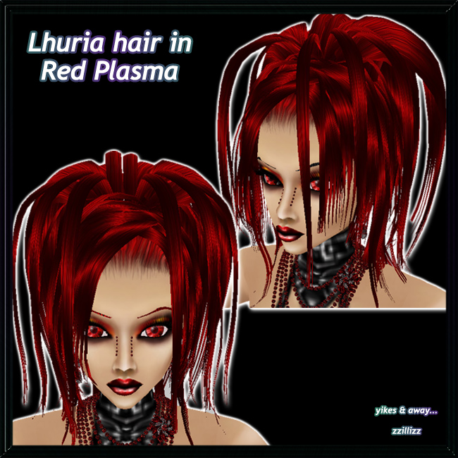 Lhuria Female hair in Red Plasma Straight updo with waterfall of hair strands female hair in Red Plasma, high shine deep blood red mix. Perfect for Vampire, Goth, Fantasy, or other cosplay looks. Great for DOC and Photo Contest outfits