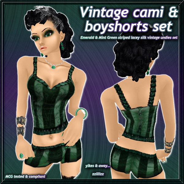 Vintage Camisole Boyshorts Set Includes both top and bottom Emerald and Mint Green vintage striped lacey pattern set in Muse body shape with seamless torso!